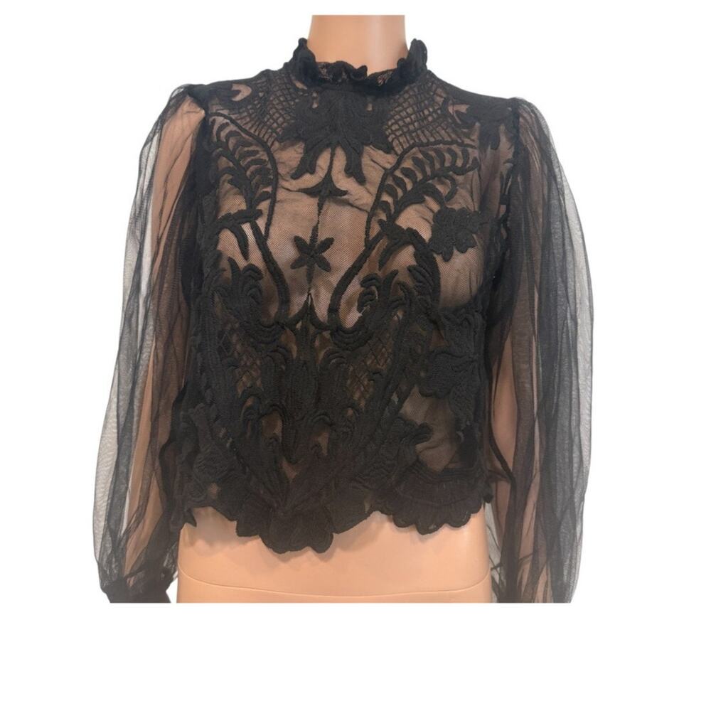 Blashe large lace sheer embroidered high neck tulle blouse SP2 3309